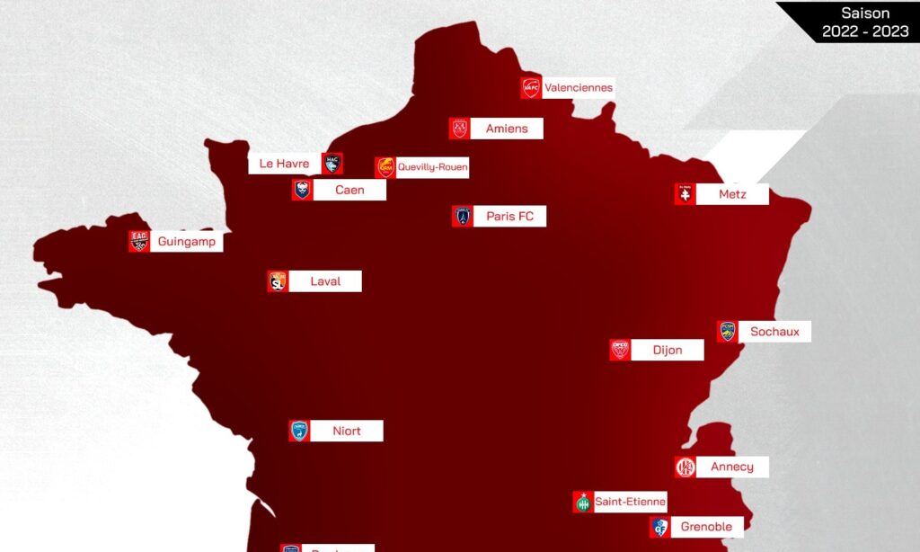 La carte de France des 20 clubs de Ligue 2 pour la saison 20222023