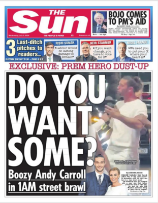 « Veux-tu te battre ? » : Andy Carroll a fait la Une du tabloïd The Sun